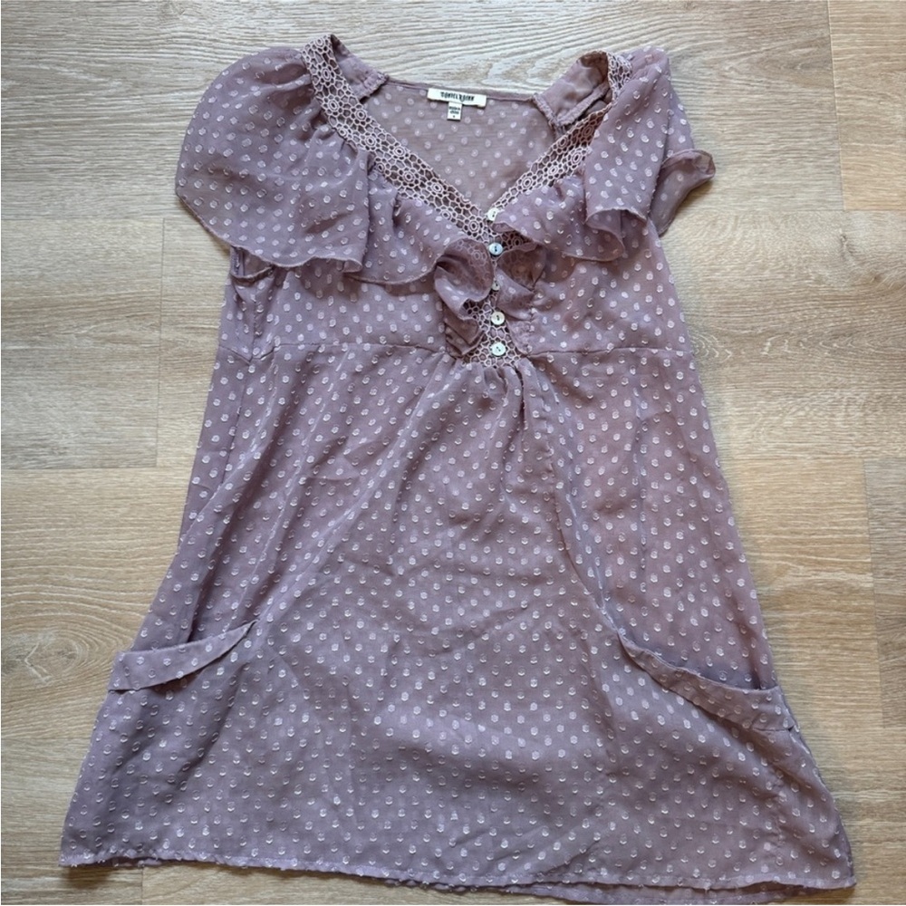 Daniel Rainn Purple Sheer Ruffle Polkadot Top with Pockets Women’s Size Small